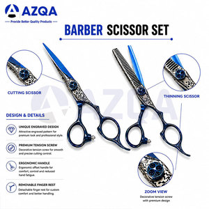 Stainless Steel Blue Hair Cutting And <b>Thinning</b> Scissors Set With Decorative Pattern Adjustable Screw And Finger <b>Ring</b> Handles - Product Image 4
