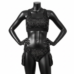 Conjunto de bikini de dos piezas para mujer de alta calidad en poli elastano, tela negra brillante con construcción de paneles y logo de cristal. Bikinis para mujer. - Product Image 1