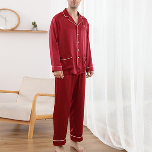 Ensemble de vêtements de nuit en soie pour hommes, pyjama à manches longues, couleur unie, vêtements de nuit de luxe en soie pour hommes, ensemble de vêtements de maison respirants - Product Image 4
