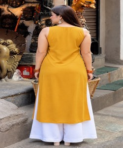 <b>Women</b> Yellow Rayon Embroidered Vintage Quick Dry <b>Kurta</b> Palazzo Set Traditional Casual Wear India Pakistan Style Midi Length - Product Image 3