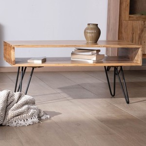 Mesa de centro minimalista Vandana Golden Texture con tablero de acacia y nicho central - Product Image 5