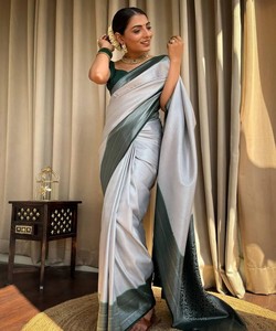 Sari de Seda Verde Claro, Vestido de Boda Tradicional Indio, Estilo Banarasi, Drapeado con Borde Decorado, Largo hasta el Suelo, para Mujer - Product Image 3