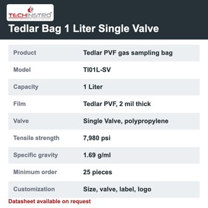 ถุงเก็บตัวอย่างก๊าซ TECHINSTRO Tedlar ขนาด 1 ลิตร ฟิล์ม PVF วาล์วเดี่ยว ป้องกันการรั่วซึม สำหรับการเก็บตัวอย่างก๊าซ VOC ในปล่องปล่อยไอเสีย และการเก็บตัวอย่างก๊าซในดิน - Product Image 6