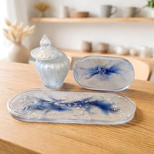 Handmade Resin <b>Vanity</b> <b>Tray</b> Set with Jar | Frosted Blue Floral Decor Organizer - Product Image 4