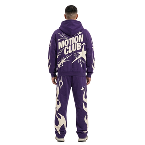 Sweat-shirt long à capuche violet foncé avec imprimé graphique, ensembles de survêtements à impression en relief, pantalons de survêtement chauds en polaire de haute qualité et confortables pour l'hiver - Product Image 2