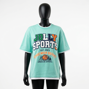 Camiseta de algodón de doble capa para mujer, transpirable, suave, color verde menta, diseño de doble capa en el bajo, estampado con relieve, logotipo personalizado, camisetas de doble capa - Product Image 3