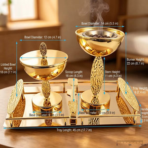 This Elegant Golden Incense Burner Set Features A Polished Mirror Tray <b>Matching</b> Storage <b>Jar</b> & Tool For Luxurious Home Fragrance - Product Image 3
