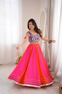 <b>Women</b> Ethnic Floor-Length Rayon <b>Lehenga</b> Set Embroidered Mirror Work Blouse Wrinkle-Free Pink Orange Gota Patti Work Party Wear - Product Image 1