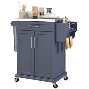 Carrello da Cucina Portatile Piccolo con Piano in Acciaio Inossidabile e Materiale in Rovere, con Spazio di Archiviazione, Blu Scuro, su Ruote, per Sala da Pranzo - Product Image 1