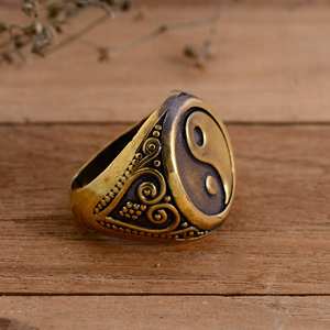 Anillo Vintage de Latón Yin Yang para Hombre y Mujer, Chapado en Oro de 14K, Ajustable, con Símbolo de Equilibrio Tai Chi y Feng Shui - Product Image 2