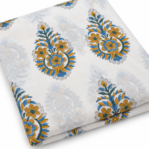 Tissu en voile de coton peigné léger imprimé à la main Pinksa Fashion, motif feuilles jaunes et bleues, 90 GSM - Product Image 6