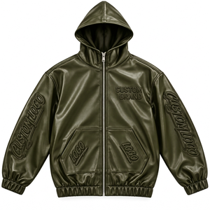 <b>Men's</b> <b>Faux</b> <b>Leather</b> Zip Hoodie Custom Embossed Chest and Sleeve Logos Oversized Streetwear <b>Jacket</b> - Product Image 5