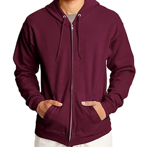 Sweat à capuche décontracté en molleton de coton uni avec fermeture éclair intégrale et poche kangourou, design personnalisé - Product Image 1