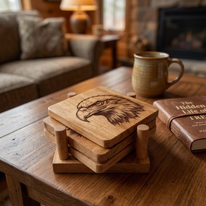 Juego de Posavasos Cuadrados de Madera con Diseño de Águila, Acabado Natural Hecho a Mano, Rústico, 10 cm de Diámetro - Product Image 2