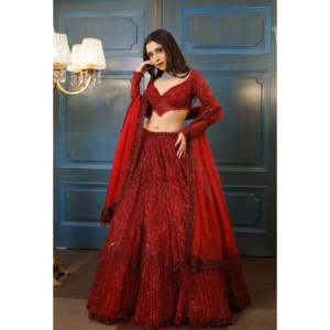 Lehenga choli เสื้อผ้างานแต่งดีไซน์เนอร์ด้ายเย็บปักลายสวยงาม - Product Image 6
