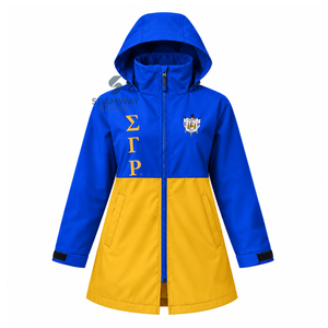 Chaqueta Impermeable con Capucha y Cierre de Cremallera para Mujer, Color Azul Dorado, Marca Sigma Gamma Rho, Cuello Alto, Manga Larga, Tipo Anorak para Exteriores - Product Image 1