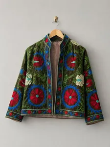 Chaqueta Suzani de Terciopelo Bordada con Flores Marrones Estilo Bohemio, Manga Larga, Cuello Alto, Ropa de Abrigo de Invierno para Mujer - Product Image 2