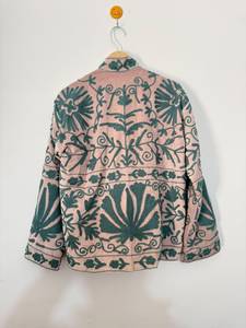 <b>Pink</b> Mandarin Collar Knitted Velvet Suzani Embroidered Jacket Green Floral Hand Embroidery Cotton Lining Eco-Friendly Boho Style - Product Image 5