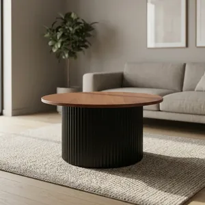 Mesa de Centro Redonda Moderna con Tapa de Madera, Base Negra Acanalada, Ecológica, con Almacenamiento, Minimalista, Fácil de Limpiar, Mueble para Sala de Estar - Product Image 6