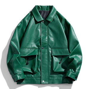 Veste en cuir véritable et toile pour homme, style hiver, en cuir de vachette uni, avec fermeture éclair, col montant, style urbain - Product Image 3