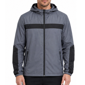 Veste coupe-vent à capuche pour homme, légère, imperméable, deux tons gris et noir, fermeture éclair, pour la course à pied - Product Image 2