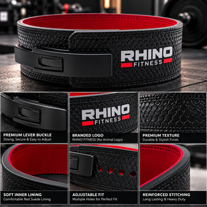 Ceinture de musculation RHINO FITNESS noire avec doublure rouge, soutien lombaire durable, en cuir blanc, réglable et enveloppante - Product Image 6