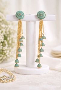 Pendientes Largos Tradicionales Indios de Lujo Polki Kashmiri, de Aleación de Zinc Chapada en Oro, con Cristales y Diamantes de Imitación, Estilo Étnico, para Novia y Boda - Product Image 3