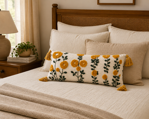 Custom Handmade Cotton Yellow Floral Embroidery Lumbar <b>Cushion</b> Boho Style Botanical Tufted <b>Long</b> Accent Pillow with Tassels - Product Image 3