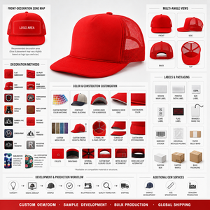 Red 5-Panel Mesh Trucker <b>Hat</b> With Front Embroidery Adjustable Snapback Casual <b>Cap</b> For Adults Spring Summer Wear - Product Image 3