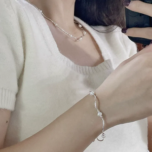 Collier et bracelet en argent sterling S925, style coréen vintage, faits à la main, avec perles d'eau douce courbées, design coréen, pour la clavicule - Product Image 3
