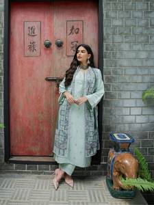 Ensemble indien pakistanais en coton brodé bleu, kurta longue, palazzo, châle, robe traditionnelle pour fête, mariage - Product Image 2