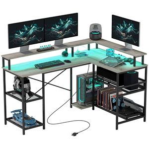 Scrivania ad angolo a L grigia per ufficio domestico con spazio contenitivo, luci LED, prese di corrente e libreria - Product Image 1