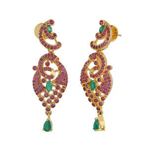 RAY FINE ORNATES Gold Plated Indian Bridal Wedding Statement <b>Necklace</b> with <b>Ruby</b> CZ Vintage Hook Shape Imitation Jewelry Sets - Product Image 2