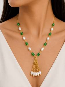 Collier personnalisé plaqué rhodium avec perles ovales vert émeraude et perles de riz, chaîne cascade à pampilles, pour femme, luxe, mariée - Product Image 1