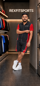 REXFIT SPORTS 2026 Custom Black Red Nylon <b>Short</b> Set Men <b>Zip</b> Up Shirt <b>Shorts</b> Two Piece Sportswear Set Custom Logo Streetwear - Product Image 6