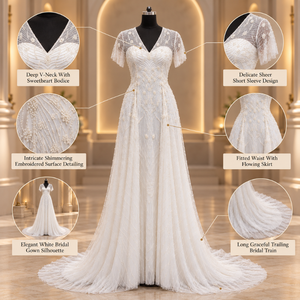 Timeless <b>White</b> <b>Evening</b> <b>Gown</b> V Neck Sweetheart Bodice Sheer Cap Sleeves Floral Embroidery | A-Line Floor Length Chapel Train <b>Gown</b> - Product Image 5