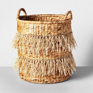 Custom Made Fringe Decorated Water Hyacinth Basket Handcrafted Storage Laundry <b>Hamper</b> Bin with Upright Handles <b>Box</b> Style - Product Image 1