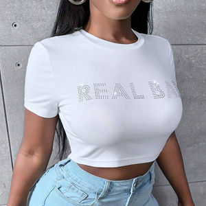 T-shirt court en coton côtelé de haute qualité pour femme, avec strass, extensible, style baby tee, idéal pour l'été - Product Image 2