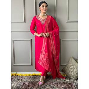 Hermosa marca JC, ropa de fiesta rosa oscuro, parte superior e inferior con Conjunto elegante de tamaño Dupatta XL - Product Image 5