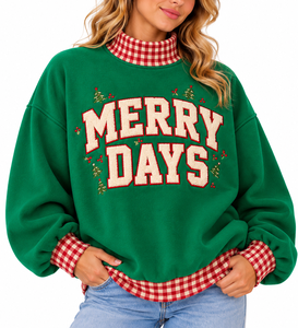 <b>Women's</b> Oversized <b>Christmas</b> Mockneck <b>Sweatshirt</b> Custom Embroidered Letter Design Plaid Collar Drop Shoulder Pullover - Product Image 1