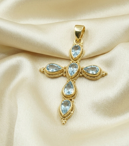 Colgante de Cruz con Topacio Azul en Plata de Ley 925, Chapado en Oro Rosa y Oro Amarillo, Joyería Religiosa Vintage Hecha a Mano, Unisex - Product Image 3