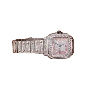 นาฬิกาอะนาล็อกสไตล์ฮิปฮอปเพชรโมอิสไม่มีสีสำหรับผู้หญิงหน้าปัดกระจกสี่เหลี่ยมตัวเลขสีแดงสแตนเลสสตีล - Product Image 2