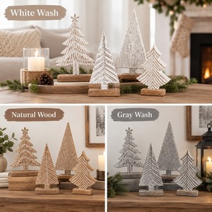 Vintage Distressed <b>White</b> Wooden <b>Christmas</b> <b>Tree</b> Set Hand Carved Rustic Tabletop Pine <b>Tree</b> Figurine Farmhouse Xmas <b>Decor</b> - Product Image 5