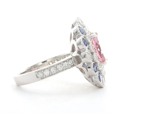 Flower Cluster Ring With <b>Rose</b> Quartz Oval Stone Pave Set Blue Gemstones Rhodium Plated 925 Silver Women's Engagement Jewelry - Product Image 1