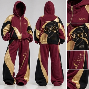 <b>Women's</b> Hooded Acid Wash Tracksuit Set Maroon Gold <b>Black</b> Color Blocking Streetwear Loose Fit <b>Shorts</b> with Side Pockets - Product Image 3
