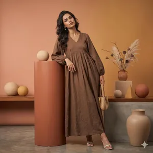 Boho Brown Solid Plain Cotton Maxi <b>Dress</b> With Full Sleeve V-Neck <b>Loose</b> Fit Summer Casual <b>Dress</b> For Women - Product Image 5