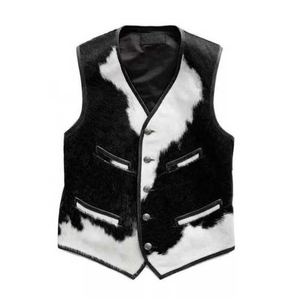 Chaleco de Piel Vacuna con Estampado para Hombre, Talla Grande, Cuello en V, Cierre de Botón, Informal, para Invierno, Corte Regular, con Decoración de Piel - Product Image 3