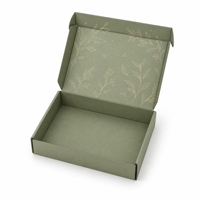 Boîte d'expédition en carton ondulé personnalisée de luxe, couleur vert sauge mat, avec impression botanique minimaliste pour l'emballage de cadeaux et de vêtements
