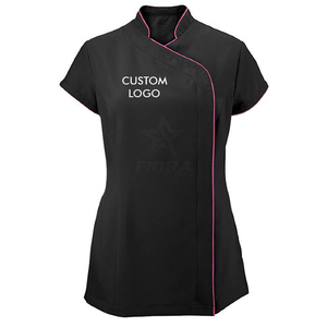 Uniforme de Spa para Mujer con Logotipo Personalizado, Túnica para Salón de Belleza, Top para Terapeuta, Manga Corta, Cuello Mao, Ribete Negro y Rosa, Ropa de Trabajo para Peluquería - Product Image 1