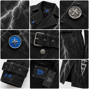 Abrigo largo de mezclilla extragrande Lightning Wash para hombre, estilo gabardina, doble botonadura, negro, streetwear, con cinturón - Product Image 4